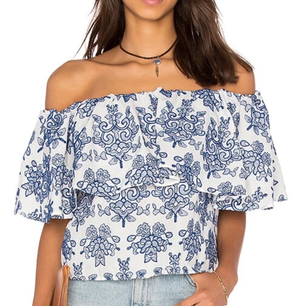 NICHOLAS Blue and White Off-Shoulder Embroidered Blouse